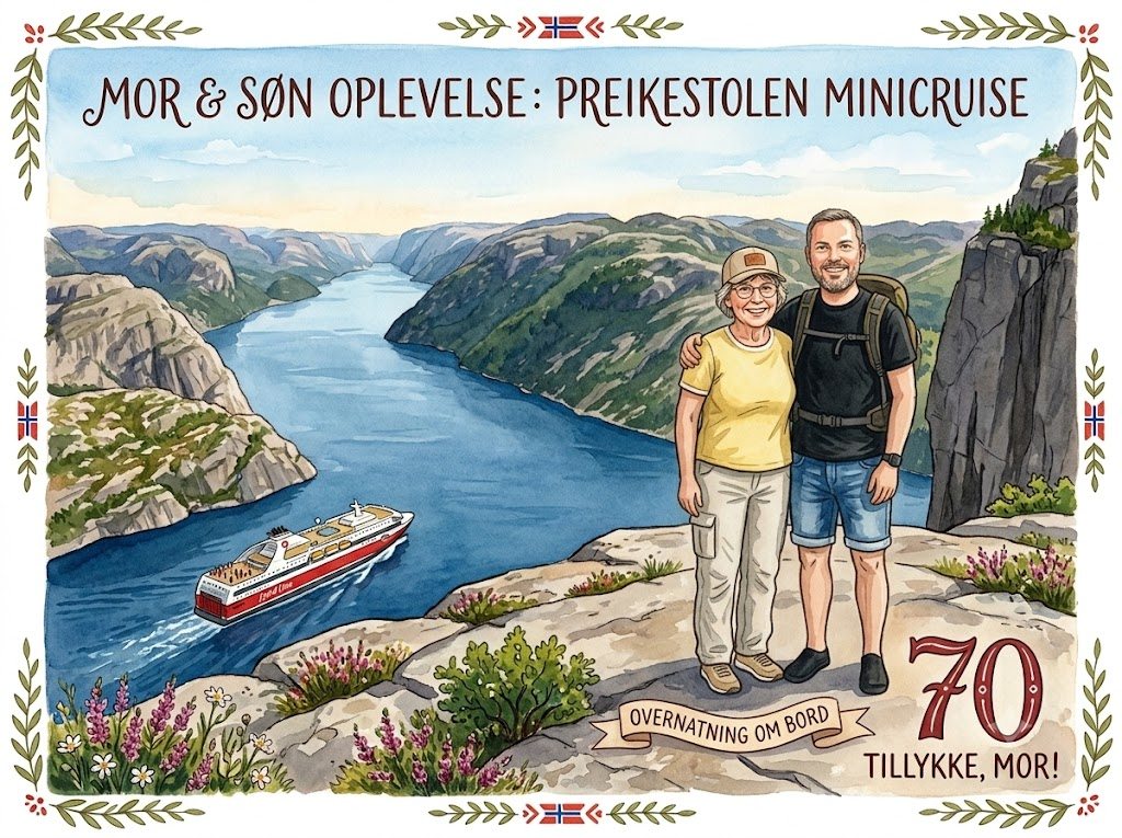 Akvarel af mor og søn på Preikestolen højt over Lysefjorden, med Fjord Line-færgen nedenfor.
                  Teksten lyder: Mor og søn oplevelse — Preikestolen minicruise. 70 tillykke, mor!